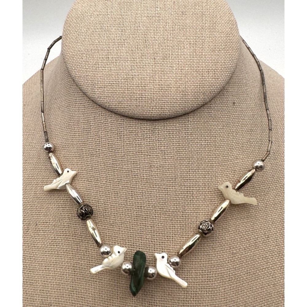 Vintage Fetish Bird Necklace Southwestern Mother of Pearl Green Stone
